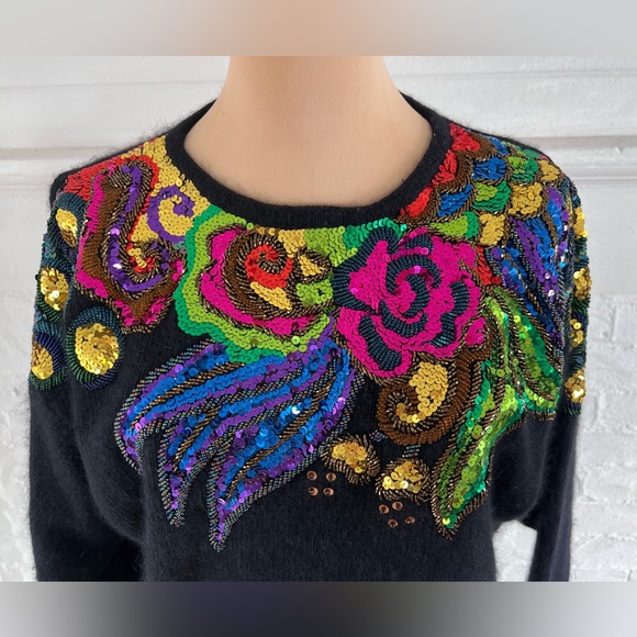 I.B. Diffusion Floral Sequined Silk Angora Sweater Black Fuzzy Vintage 90’s - Picture 8 of 15